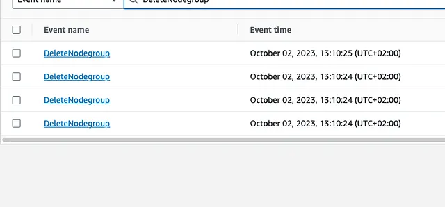 CloudTrail events with the name “DeleteNodeGroup” during the deployment.