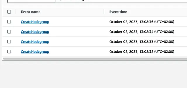 CloudTrail events with the name “CreateNodeGroup” during the deployment.