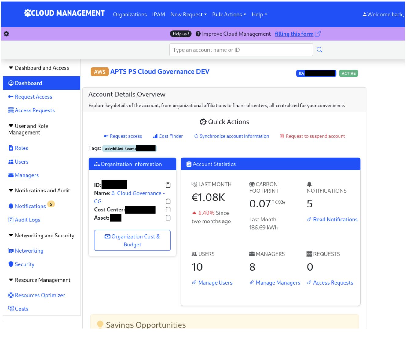 An image of Cloud Management view for an account manager, showing cost, carbon footprint, and number of managers, users, pending requests and unread notifications